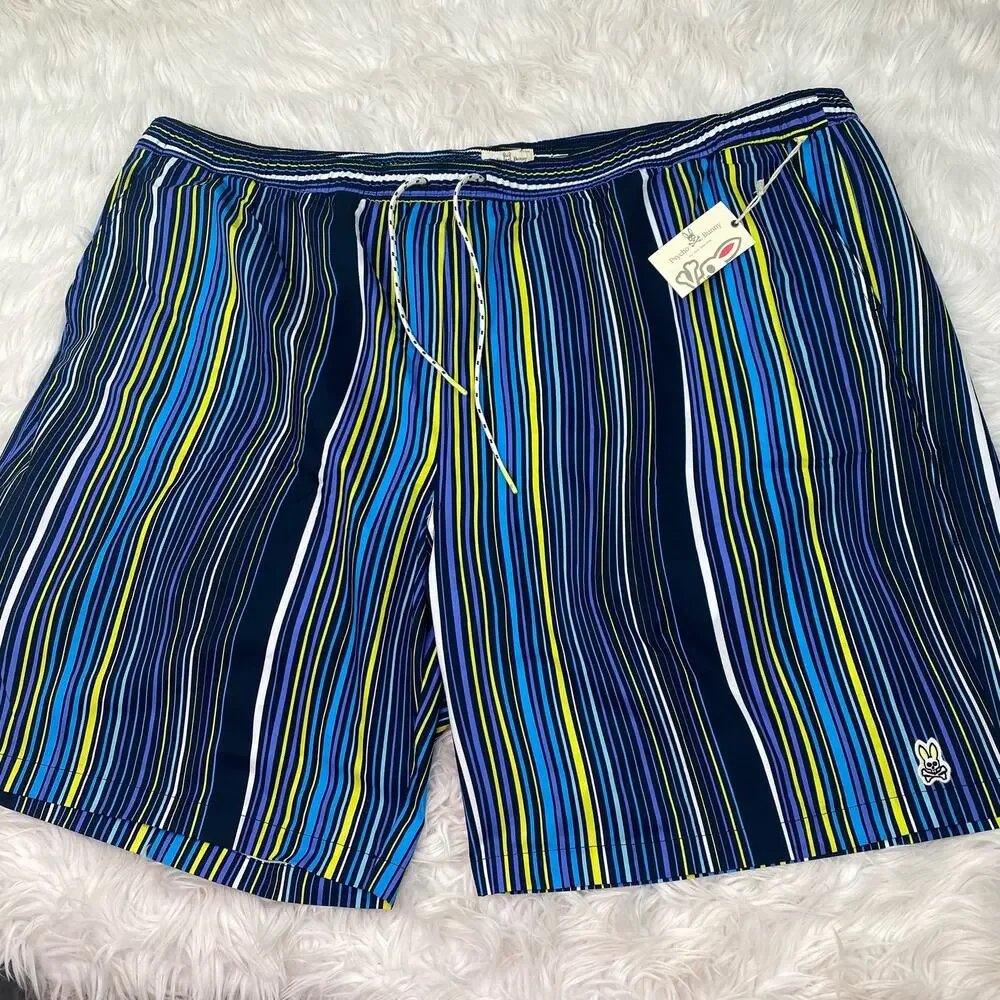 Psycho Bunny Men's Swim Trunks Size 5XLT Blue Stripe Dry Pocket NWT